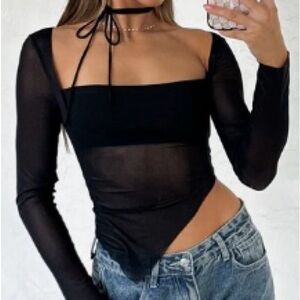 White Fox Black Square-Neck Sheer Long-Sleeve Top